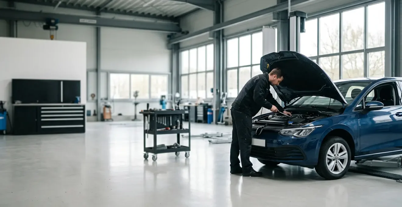 Mécanicien professionnel effectuant une inspection détaillée sous le capot d'une voiture moderne dans un atelier bien éclairé