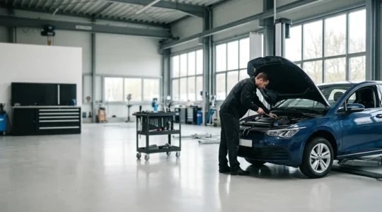 Mécanicien professionnel effectuant une inspection détaillée sous le capot d'une voiture moderne dans un atelier bien éclairé