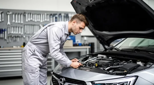Mécanicien professionnel inspectant le compartiment moteur d'une Opel Corsa dans un garage moderne et bien équipé