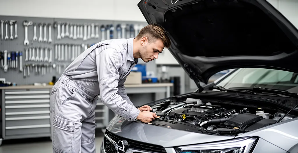 Mécanicien professionnel inspectant le compartiment moteur d'une Opel Corsa dans un garage moderne et bien équipé