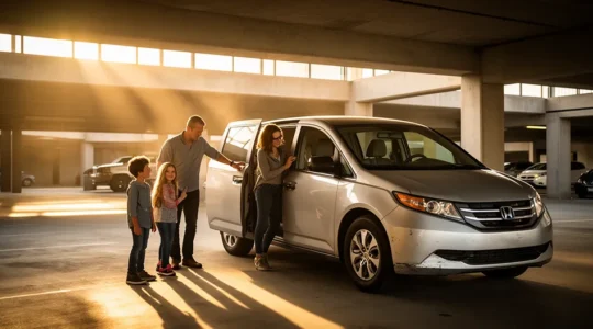 Famille évaluant un monospace d'occasion sept places dans un parking avec lumière dorée