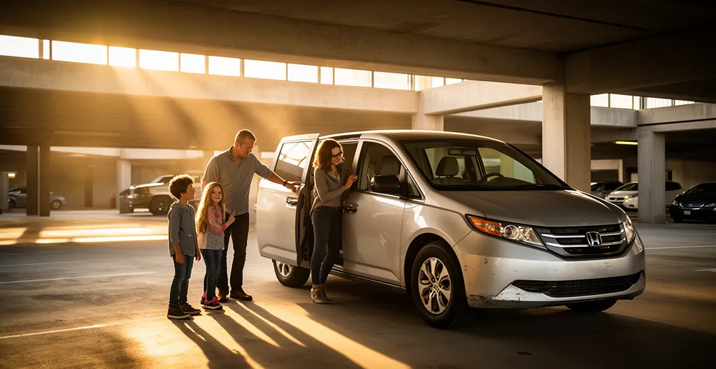 Famille évaluant un monospace d'occasion sept places dans un parking avec lumière dorée