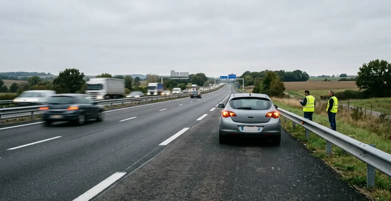 Vue latérale d'une voiture en panne sur la bande d'arrêt d'urgence d'une autoroute française, avec des passagers en gilets jaunes derrière la glissière de sécurité