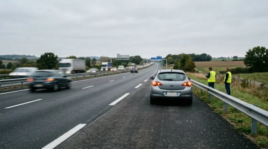 Vue latérale d'une voiture en panne sur la bande d'arrêt d'urgence d'une autoroute française, avec des passagers en gilets jaunes derrière la glissière de sécurité