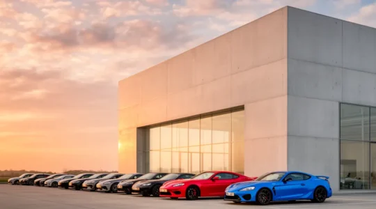 Vue architecturale moderne d'un centre d'homologation automobile avec véhicules en inspection