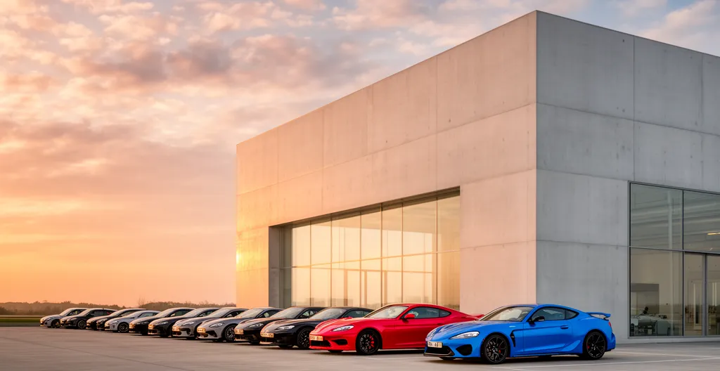 Vue architecturale moderne d'un centre d'homologation automobile avec véhicules en inspection