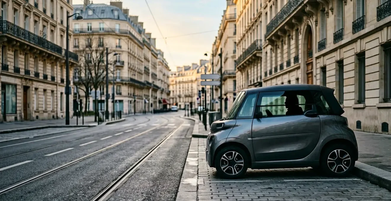 Conducteur dans une voiture sans permis moderne en environnement urbain français