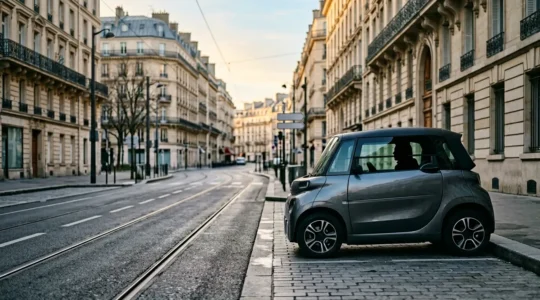 Conducteur dans une voiture sans permis moderne en environnement urbain français