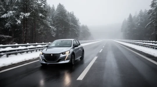 Vue d'une Peugeot e-208 électrique sur autoroute enneigée avec des conditions hivernales