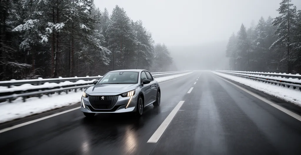 Vue d'une Peugeot e-208 électrique sur autoroute enneigée avec des conditions hivernales