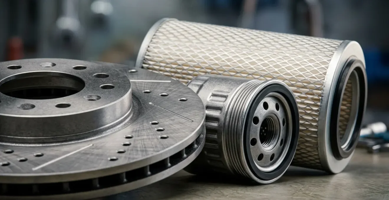 Pièces automobiles disposées sur une surface avec éclairage studio montrant les détails techniques