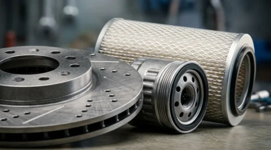 Pièces automobiles disposées sur une surface avec éclairage studio montrant les détails techniques