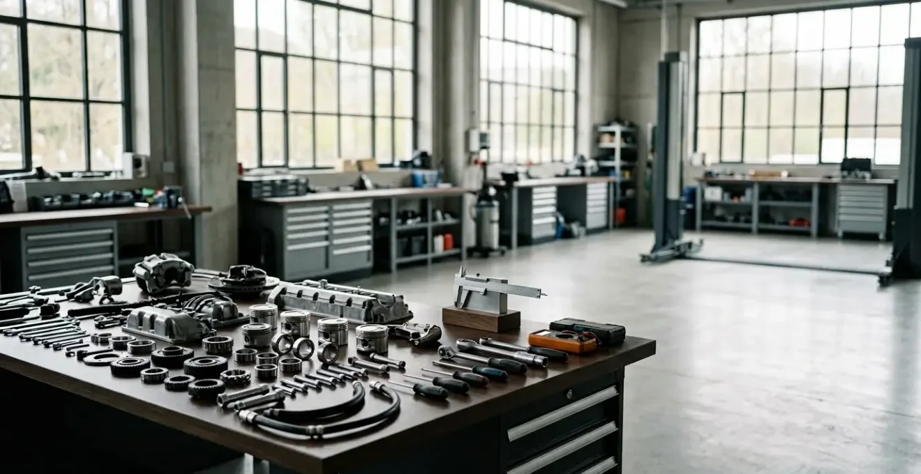 Vue d'atelier automobile moderne montrant des pièces détachées Audi et Volkswagen disposées sur un établi professionnel avec éclairage naturel