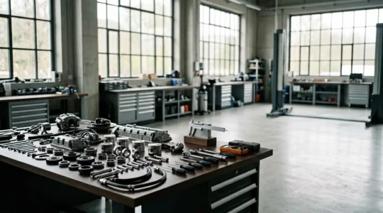 Vue d'atelier automobile moderne montrant des pièces détachées Audi et Volkswagen disposées sur un établi professionnel avec éclairage naturel