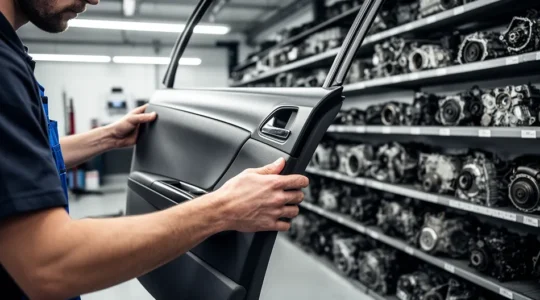 Vue détaillée d'un atelier automobile moderne avec des pièces de réemploi organisées et un mécanicien inspectant une pièce de carrosserie
