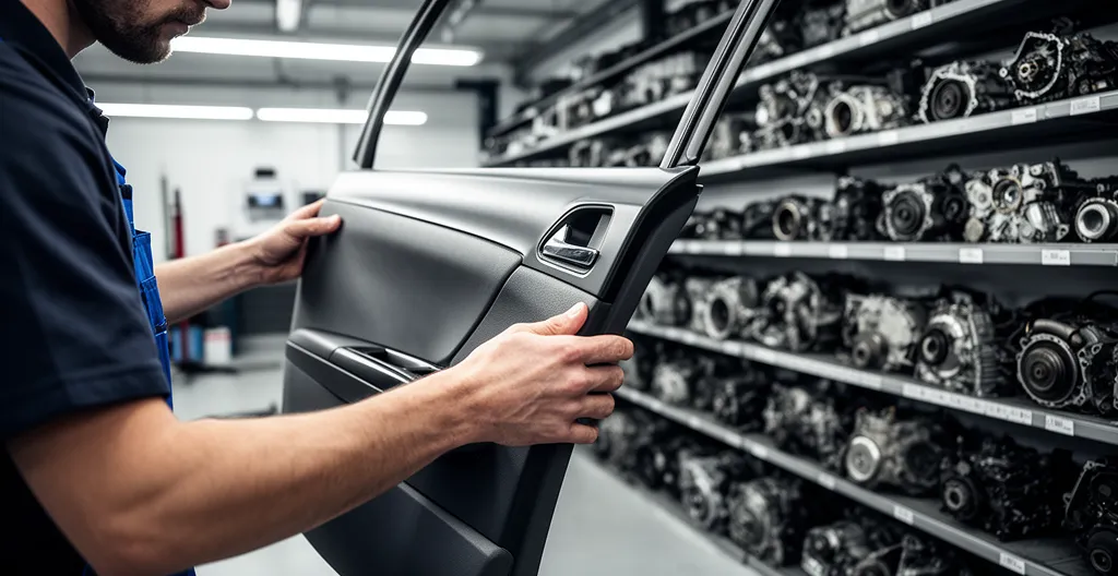 Vue détaillée d'un atelier automobile moderne avec des pièces de réemploi organisées et un mécanicien inspectant une pièce de carrosserie