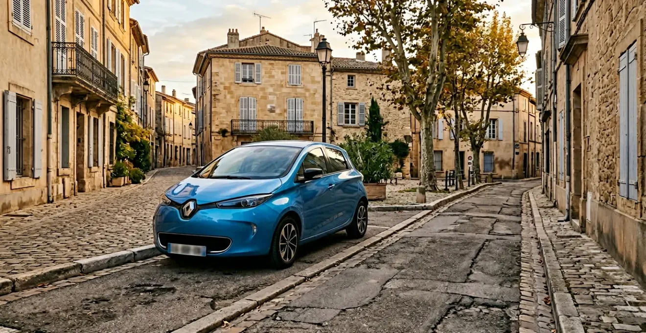 Renault Zoé d'occasion avec représentation symbolique du choix entre location et achat de batterie