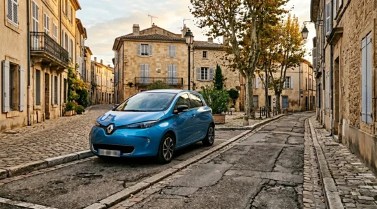 Renault Zoé d'occasion avec représentation symbolique du choix entre location et achat de batterie