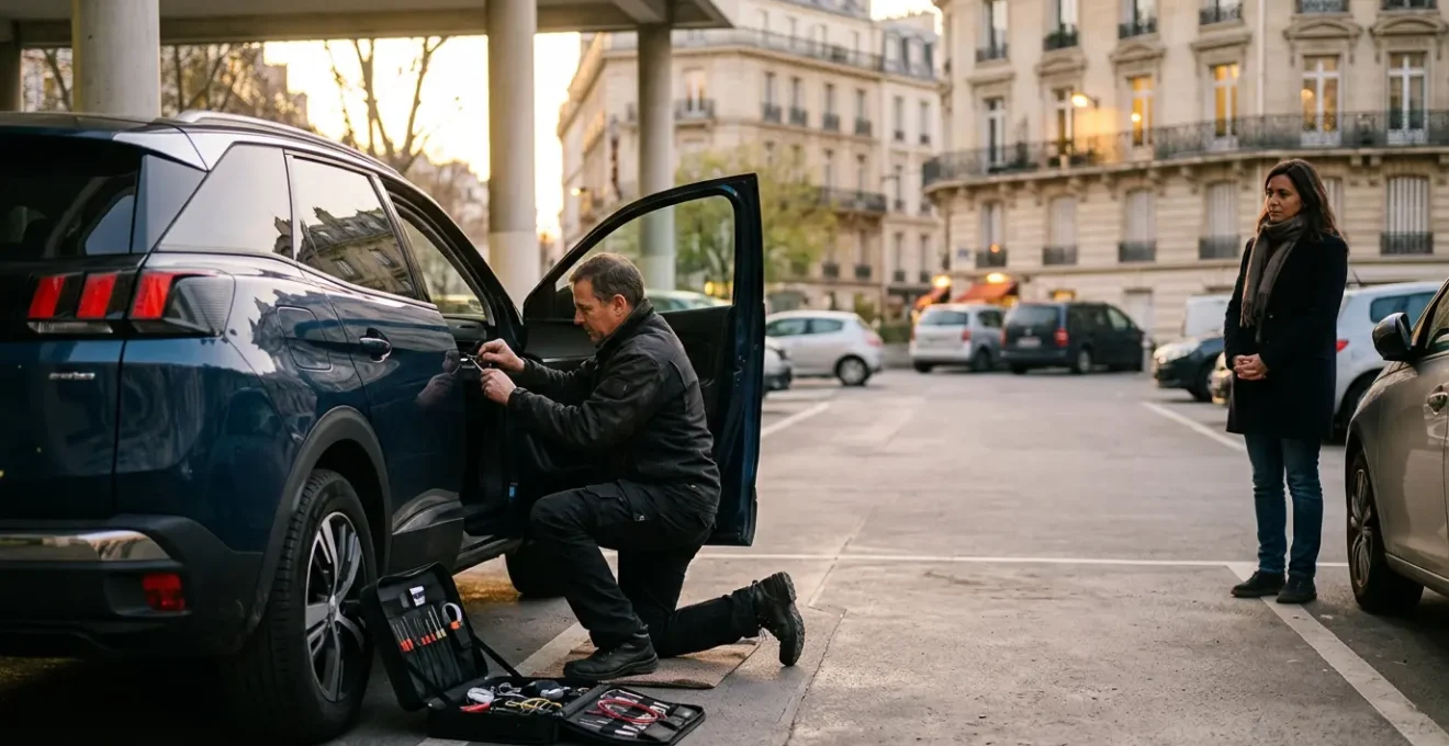 Serrurier automobile intervenant sur un véhicule moderne dans un parking français