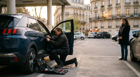 Serrurier automobile intervenant sur un véhicule moderne dans un parking français