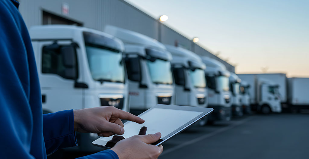 Responsable de flotte consultant une application de suivi véhicule près d'un parking d'entreprise