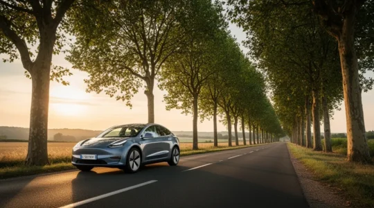Famille heureuse dans un SUV électrique moderne traversant un paysage français caractéristique
