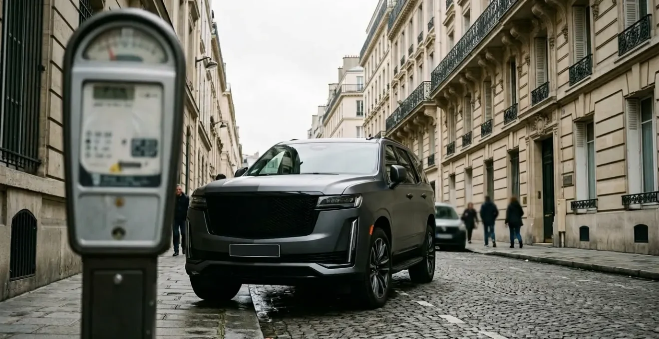 Vue d'un SUV garé dans une rue parisienne avec un horodateur au premier plan montrant des tarifs élevés