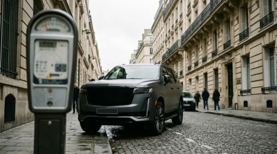 Vue d'un SUV garé dans une rue parisienne avec un horodateur au premier plan montrant des tarifs élevés