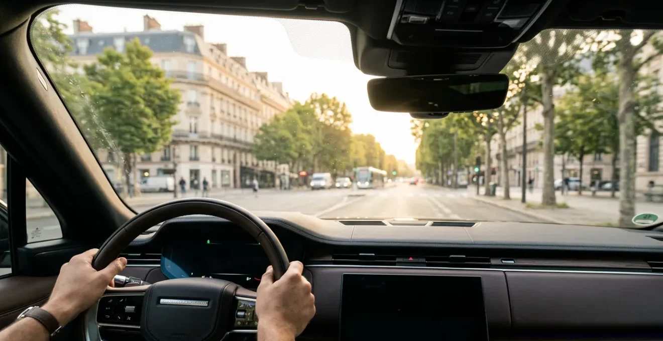 Tableau de bord moderne avec caméras et capteurs ADAS visibles à travers le pare-brise
