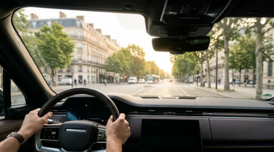 Tableau de bord moderne avec caméras et capteurs ADAS visibles à travers le pare-brise