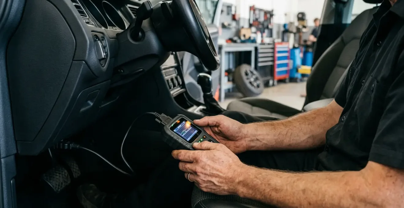 Valise de diagnostic automobile connectée à une voiture dans un garage