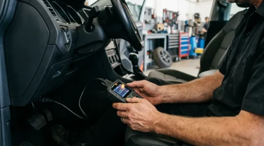 Valise de diagnostic automobile connectée à une voiture dans un garage