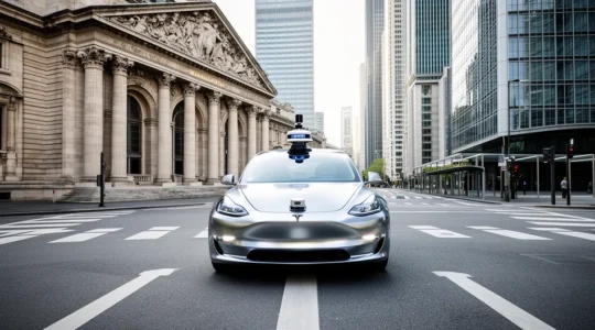 Vue conceptuelle d'une voiture autonome moderne devant un palais de justice français avec des symboles juridiques