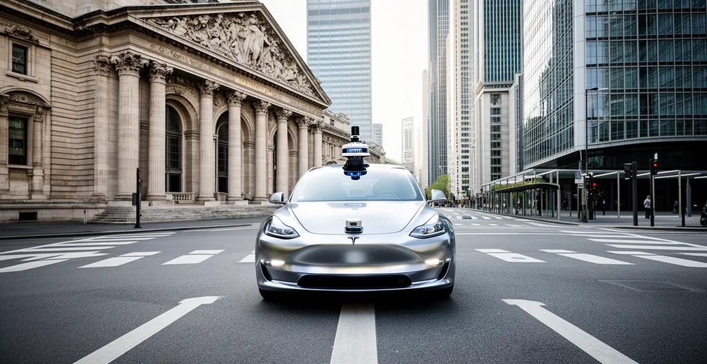 Vue conceptuelle d'une voiture autonome moderne devant un palais de justice français avec des symboles juridiques