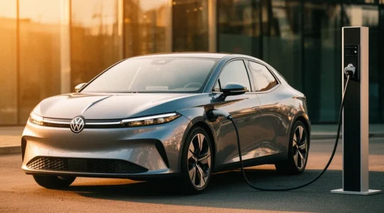 Voiture électrique française en charge sur une borne publique dans un cadre urbain moderne