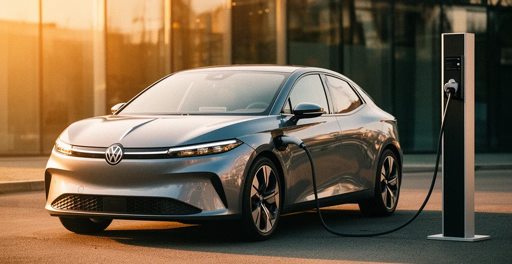 Voiture électrique française en charge sur une borne publique dans un cadre urbain moderne