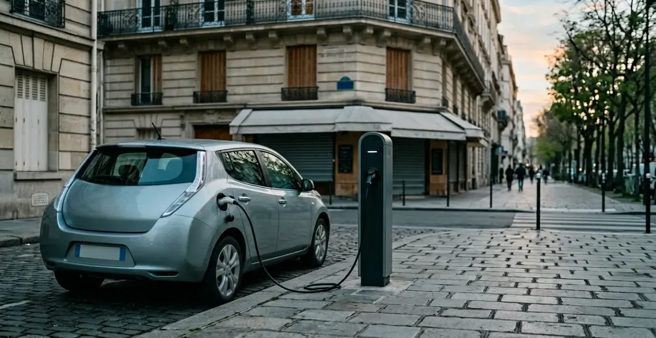 Véhicule électrique moderne connecté à une borne de recharge publique dans un environnement urbain français