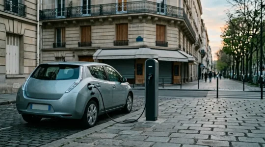 Véhicule électrique moderne connecté à une borne de recharge publique dans un environnement urbain français