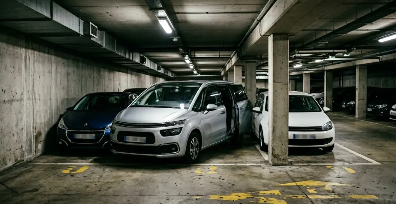 Monospace familial aux portes coulissantes ouvertes dans un parking souterrain français, montrant l'espace optimisé entre les véhicules