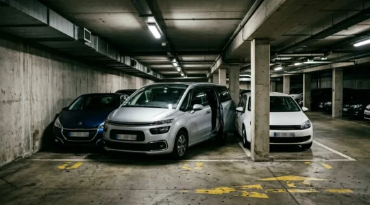 Monospace familial aux portes coulissantes ouvertes dans un parking souterrain français, montrant l'espace optimisé entre les véhicules