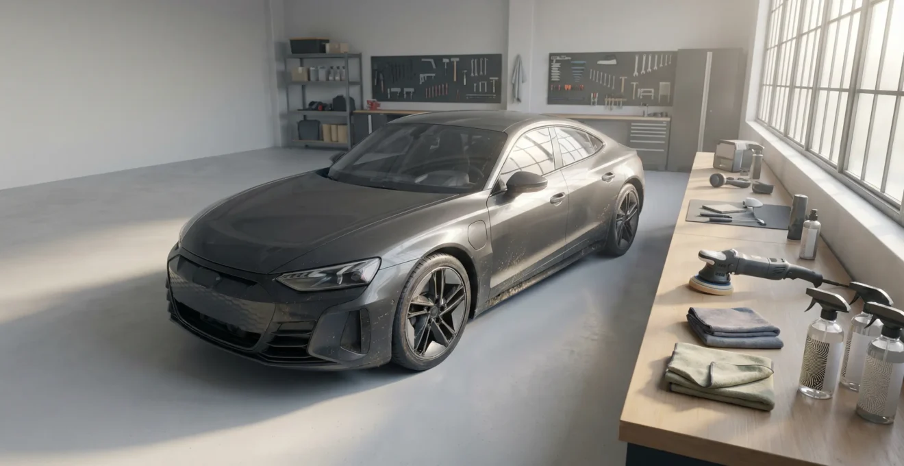 Vue large d'une voiture moderne garée dans un garage bien éclairé avec des outils de nettoyage professionnels disposés à proximité