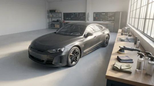 Vue large d'une voiture moderne garée dans un garage bien éclairé avec des outils de nettoyage professionnels disposés à proximité