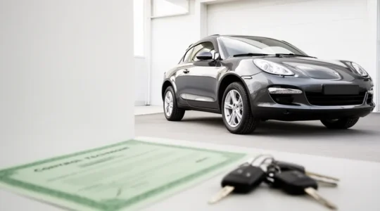 Voiture d'occasion impeccable garée dans un environnement lumineux avec certificat de contrôle technique visible