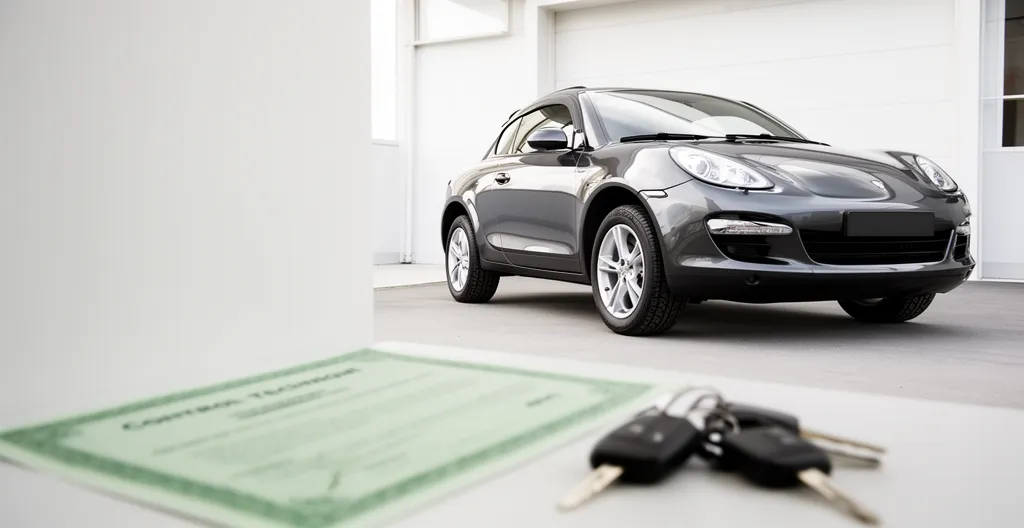 Voiture d'occasion impeccable garée dans un environnement lumineux avec certificat de contrôle technique visible