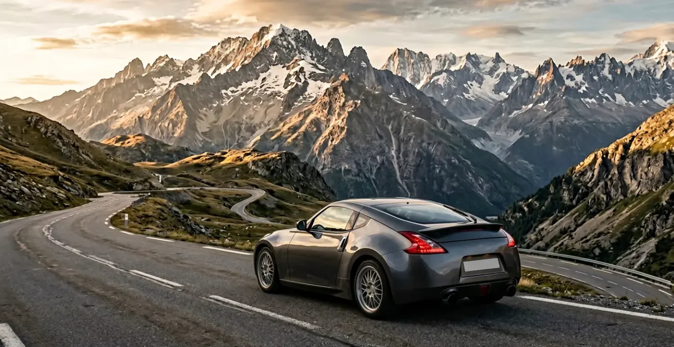 Vue dynamique d'une voiture sportive moderne sur une route française avec paysage urbain en arrière-plan