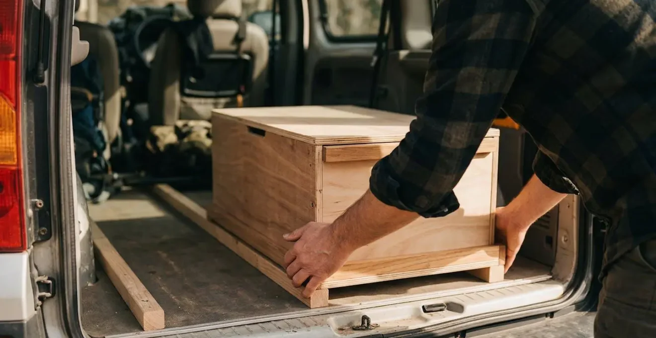 Kit d'aménagement amovible en cours d'installation dans l'arrière d'un ludospace
