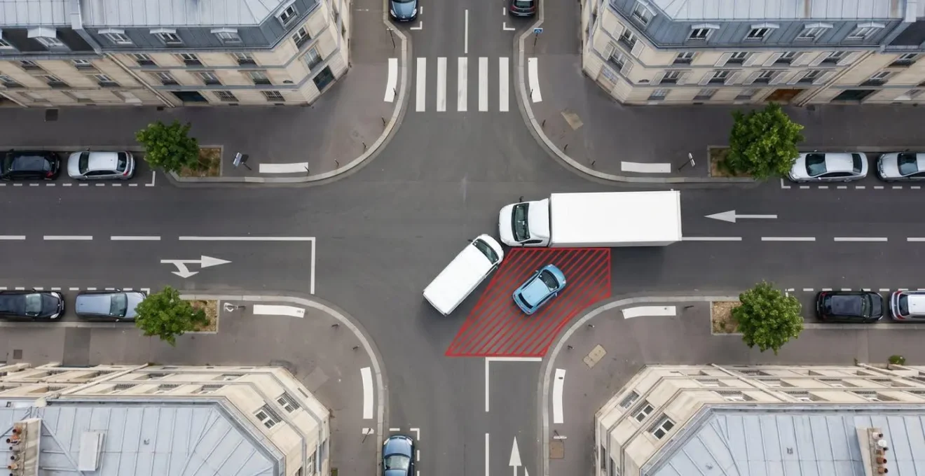Vue aérienne montrant les angles morts d'un camion avec une Citroën Ami