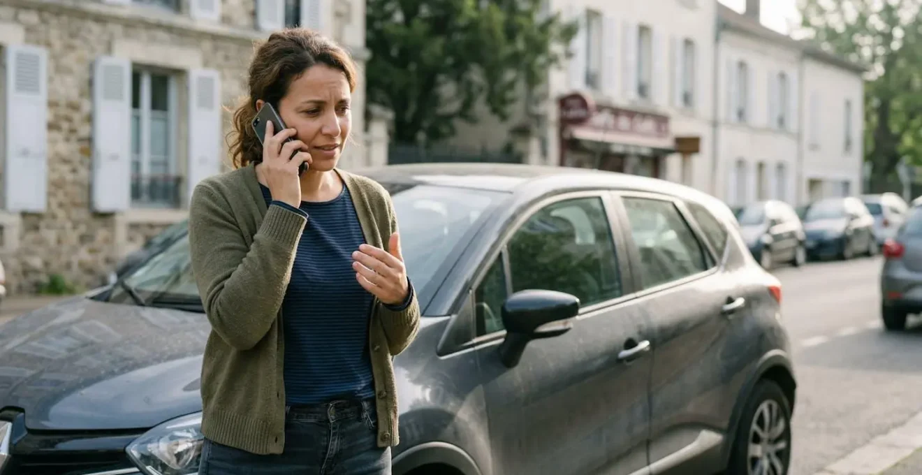 Personne contactant son assistance assurance devant sa voiture