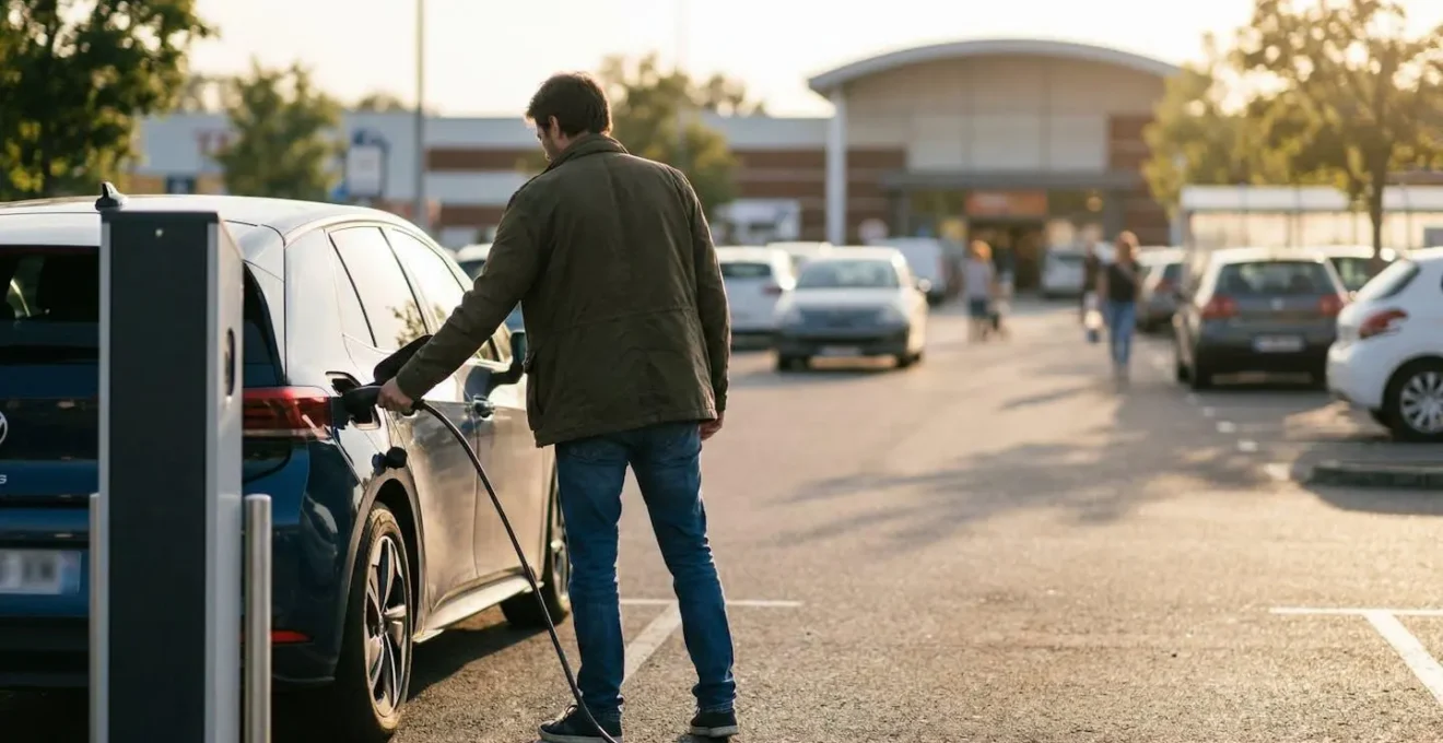 Infrastructure de recharge électrique dans un parking de supermarché français
