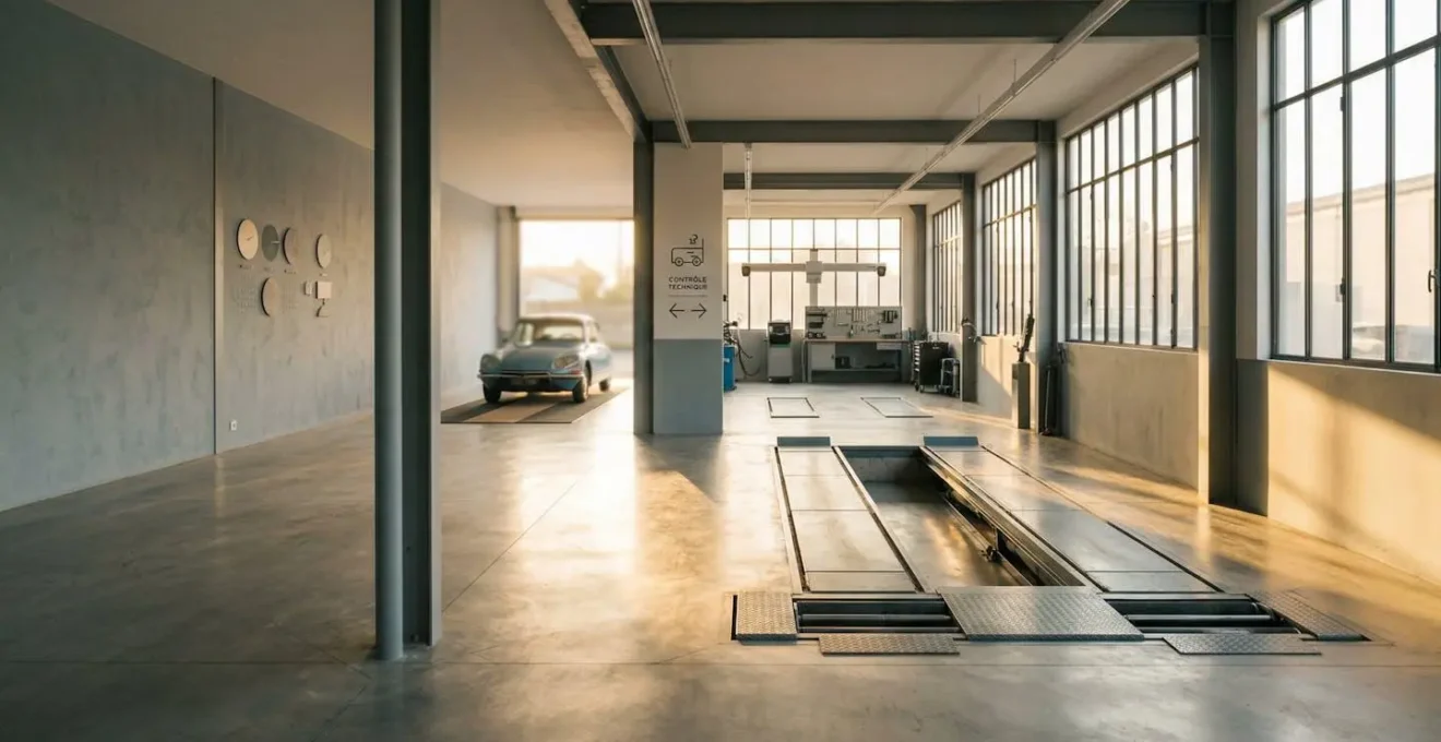 Vue minimaliste d'un garage français moderne avec calendrier mural flou et voiture en arrière-plan